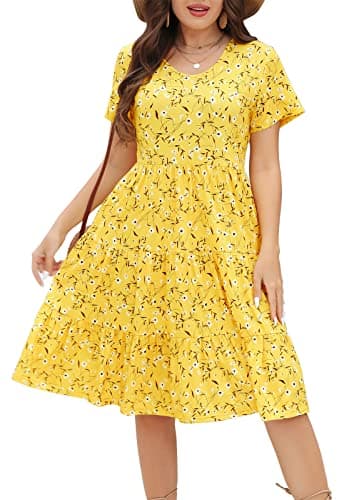 Younrui Plus Size Yellow Floral Tiered Midi Dress for Women Scoop Neck Short Sleeve Casual Relax Fit Summer Dress (1XL-1001-Yellow Floral) - Image 1