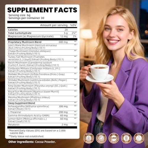 B BEWORTHS Mushroom Hot Cocoa, 10 - Blend Mushroom Extract Complex with Sleep Support Formula, Ashwagandha, L-Theanine, Lemon Balm, GABA, Melatonin, Support Fall Asleep and Stay Asleep, 30 Servings - Thumbnail 6