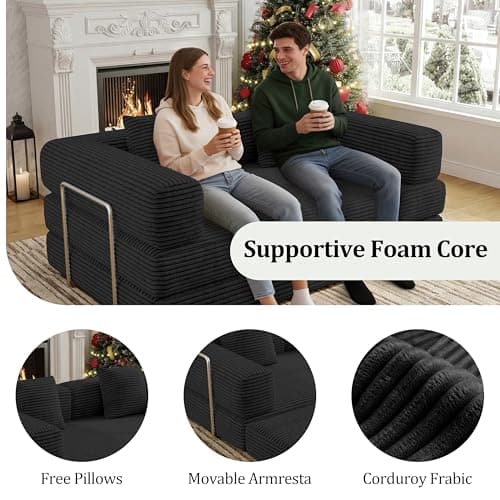 BSHOMGI 4 in 1 Futon Sofa Bed Queen Size - Foldable Convertible Sleeper Couch,Teddy Foam-Filled Compressed Couch Removable Corduroy Cover, Space Saving Sofas for Bedroom & Dorm (Black, 59” 2 Seat) - Thumbnail 5