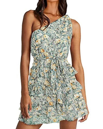 BTFBM Women One Shoulder Summer Dresses 2026 Floral Sundress High Waist Flowy Mini Beach Spring Wedding Guest Dress (Floral Green, XX-Large) - Image 1