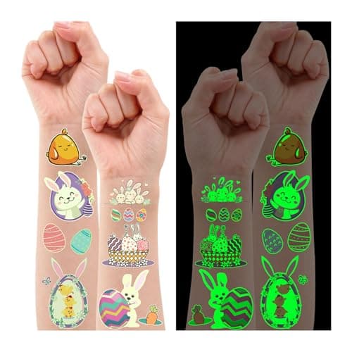 Partywind 132 PCS (12 Sheets) Luminous Easter Temporary Tattoos for Kids Basket Stuffers, Glow Easter Decorations Party Favors Supplies Essentials, Easter Games for Toddlers Boys Girls - Image 1