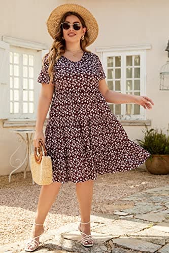 Younrui Plus Size Floral Dress for Women Short Sleeve Scoop Neck Flowy Aline Swing Ruffle Hem Tiered Casual Dresses (3XL-1001-BD Floral) - Thumbnail 6