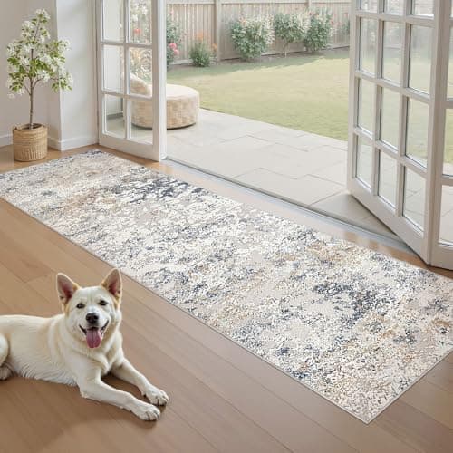 DMOYEST Washable Runner Rug for Hallway: 2x6 Neutral Modern Abstract Low Pile Area Rug with Non-Slip Backing - Carpet for Bedroom Kitchen Laundry Entryway Bathroom Indoor - Beige Blue - Thumbnail 3