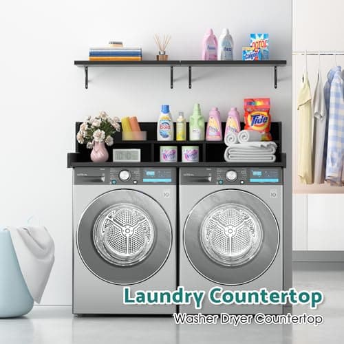 Kikihouse Washer Dryer Countertop with Floating Shelf, Wooden Laundry Countertop Over Washer and Dryer with Storage, 2-Tier Anti-Slip Laundry Machine Topper (Black) - Thumbnail 3