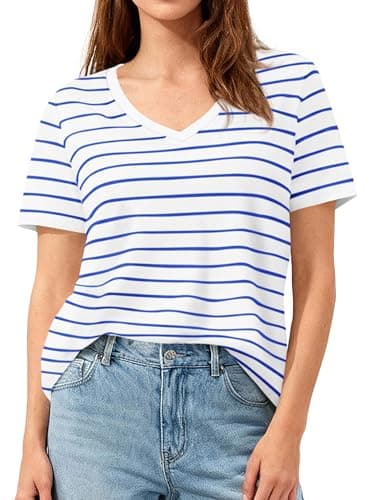 PRETTYGARDEN Short Sleeve Shirts for Women 2026 Spring V Neck Cute Tops Casual Striped Shirt Knitted Tees Summer Outfits (Striped White Blue,XX-Large) - Image 1