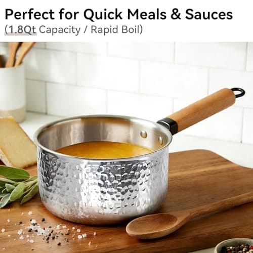 Boryenty Tri-Ply Stainless Steel Saucepan with Lid, 1.8 Quart - Heavy-Gauge Hammered Exterior, Smooth Interior Milk Pot. Induction Ready Cookware for Ramen, Sauces, Noodles. Stay-Cool Wood Handle - Thumbnail 4