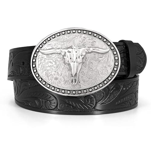 Western Leather Belt for Men Women Cowgirl Cowboy Belt Men Rodeo Western Leather Longhorn Bull Buckle Belt Leather Christmas Gifts Country Belts for Jeans - Image 1