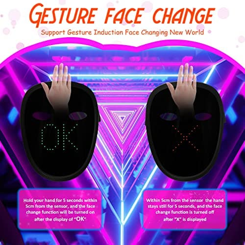 MOYACA Kids LED Mask Light up with Gesture Sensing, Cool Toys Mask for Halloween Costume Christmas Cosplay, Transforms LED Lights, Ideal Gifts for Children Students Birthday Parties Masquerades - Thumbnail 5