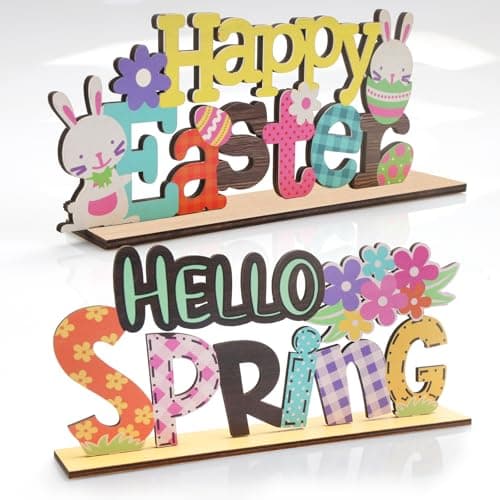 Easter Spring Table Decorations Sign – 2PCS Wooden Sign Bunny Decor Tiered Tray Decorations Set for Home and Office Shelf Mantel Indoor - Image 1