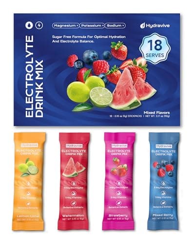 Hydravive Electrolyte Powder 18 Packs – Sugar Free Liquid Daily IV Drink Mix | 1,000mg Total of 5 Electrolytes, 5 Vitamins | Ashwagandha, L-Theanine, Lion’s Mane | Non-GMO for Rapid Hydration - Image 1