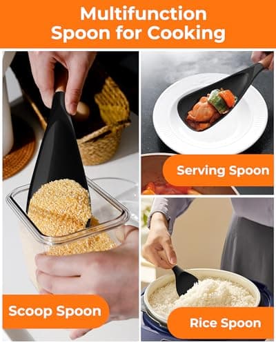 FINENUT Cooking Spoon Multifunction Spoonula Silicone Spatula Spoon 2-Pack, Dual-Use Heat Resistant 446°F, BPA-Free Non-Toxic Wooden Handle Rice Spoon Set for Non-Stick Cookware & Rice Cookers (Black) - Thumbnail 5