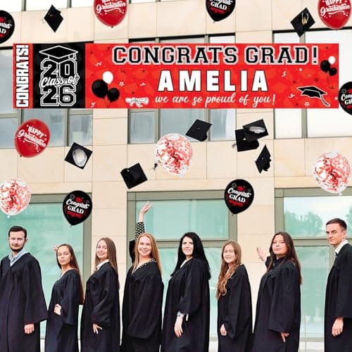 NUTTYBASH Graduation Party Decorations, Red Personalized Class of 2026 Graduation Banner with 78 Alphabet Stickers and Balloons, Congrats Banner for College High School Party Supplies - Thumbnail 4