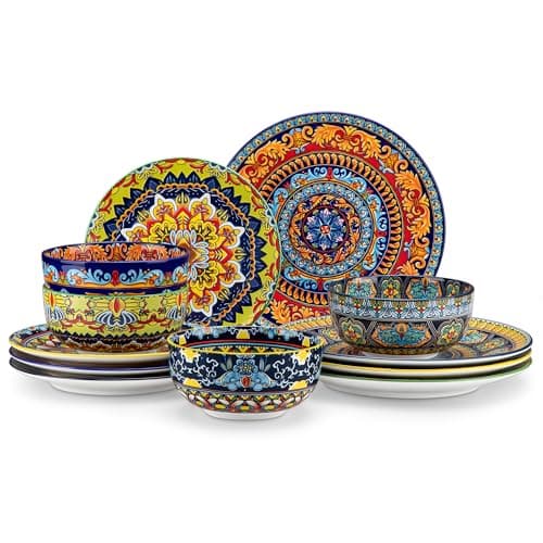 vancasso Plates and Bowls Sets,12-Piece Porcelain Dinnerware Set Service for 4, Bohemian Style Dishes Set for 4, Kitchen Dinner Set, Microwave and Dishwasher Safe, Scratch Resistant, Series KRVI - Image 1