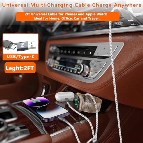 Multi Charging Cable for Apple Watch Charger 2FT, iPhone Charger USB A/C Multi Fast 3 in 1 Charging Cable for iWatch Ultra/SE/10-1 & iPhone16-5/Pro/Plus/iPad/iPod/Airpod - Thumbnail 6