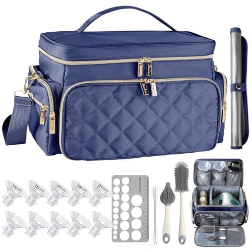 RoseDorée Breast Pump Bag Kit for Spectra S1/S2, Pumping Bag with Bottle Brush Set, 10Pcs Flange Inserts for 24mm Flange, Nipple Ruler, Waterproof Mat, Pump Carrying Case for Work Travel, Navy Blue