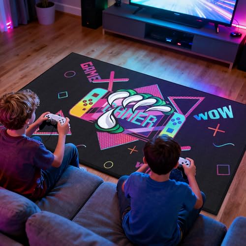 JSEI Gaming Rug for Kids Teens 32"x60" Machine Washable, Video Game Kids Rug with Paw and Controller Pattern, Non-Slip Gaming Floor Carpet Mat for Playroom, Living Room&Bedroom, Black - Thumbnail 5