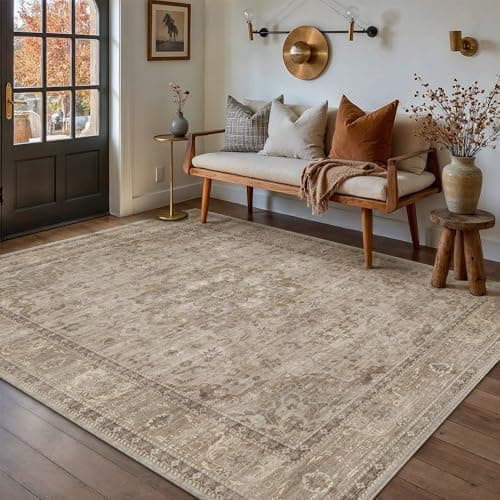 HUGEAR Washable 5x7 Area Rugs Retro Brown Living Room Bedroom Rug Vintage Distressed Non Slip Stain Resistant Low Pile Neutral Throw Carpet for Home Decor - Image 1