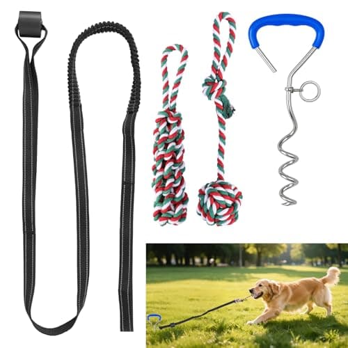 HOPET Bungee Tether Tug Outdoor Dog Toy with Stake,Tug of War Dog Toy for Aggressive Chewers to Keep Them Busy,Outdoor Interactive Dog Rope Toy for Medium/Small Dogs,Can Used On Lawns,Trees and Doors - Image 1