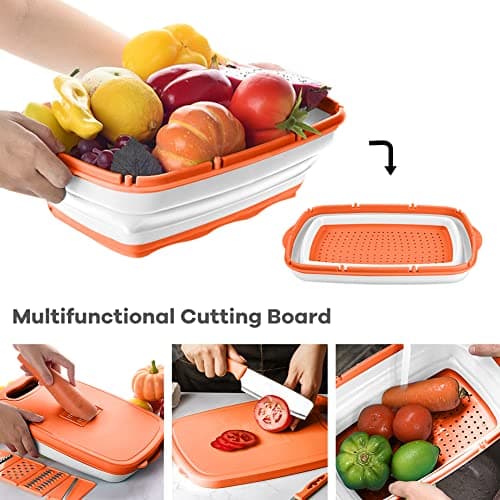 Camping Cutting Board, HI NINGER Collapsible Chopping Board with Colander, 9-In-1 Multi Kitchen Vegetable Washing Basket,Camping Gifts Accessories for RV Campers - Thumbnail 4