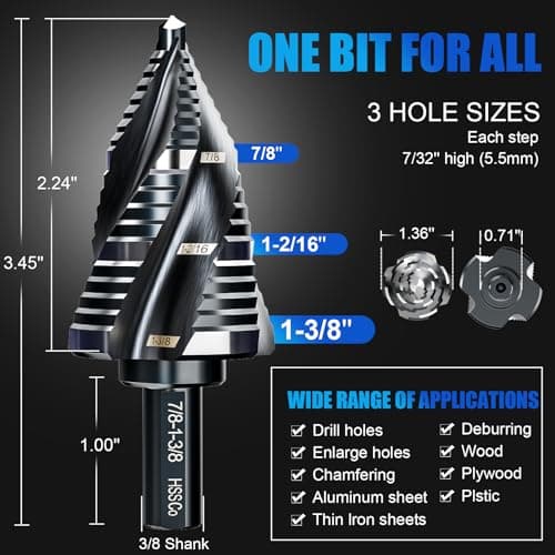 M35 Four Spiral Flute Step Drill Bit Set 1/4" - 1-3/8" （19 Sizes, 1/4" Hex Shank Unibit Step Drill bit, Impact Resistant M35 Cobalt Step Drill Bit, for Stainless Steel, Wood, Aluminum, Plastic - Thumbnail 6