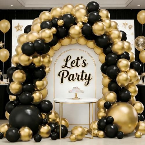 Black and Gold Balloon Garland Arch Kit, 160PCS Black Gold Latex Balloons for New Year Wedding Anniversary Birthday Party Decorations - Thumbnail 5
