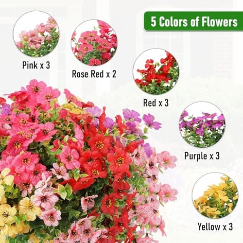 Powbrace Artificial Flowers Outdoor Fake Plants, Faux Silk Flowers Plastic Plants for Outdoors Indoor Outside Front Porch Hanging Planter Window Box Garden Home Spring Decoration, 14 Pack (Mix) - Thumbnail 3