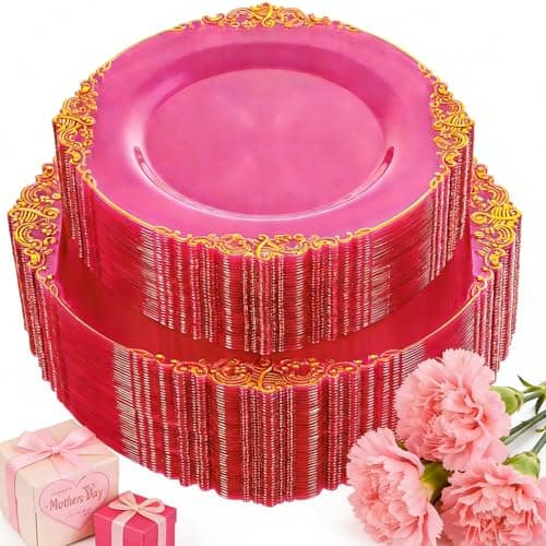 Joyido 102PCS Clear Hot Pink Plastic Plates - Pink Disposable Plate with Gold Rim - Hot Pink Party Plates Include 51PCS 7.5inch Dessert & 10.25inch Dinner Plate for Wedding Birthday Party Mother’s Day
