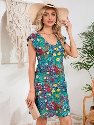 DEARCASE Womens Summer T-Shirt Dresses V Neck Elegant Classy Ruffle Sleeve A-line Tunic Dress 2026 with Pockets Floral Rapeseed Petals Small - Thumbnail 5