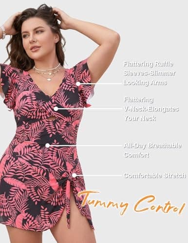 One Piece Swimdress Swimsuit for Women Tummy Control Ruffle Swim Dress Skirt Criss Cross Tie Back Bathing Suit Black Red Flower XL - Thumbnail 4