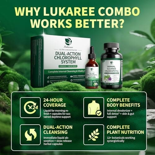 Lukaree Chlorophyll Liquid Drops & Capsules Combo, Dual Action Support for Cleansing, Energy & Oral Freshness, Immune Support, Internal Deodorant, Skin & Gut Health, Vegan, Sugar-Free, 2Oz + 120 Caps - Thumbnail 2
