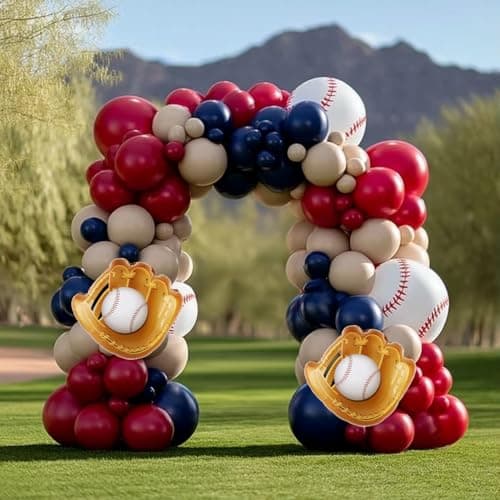 Baseball Balloon Garland Arch Kit, Navy Blue Red Nude Balloon Arch with Baseball Glove Foil Balloons for Boys Girls Birthday Baseball Themed Party Decorations
