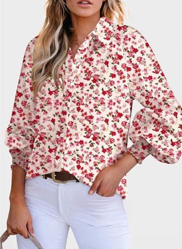 Dokotoo Womens Long Sleeve Tops for Women Work Business Button Down Ladies Blouses and Tops Loose Fit Dressy Allover Floral Print V Neck Office Boho Tunic Top 2026 Trendy Fall Outfits Red Large - Thumbnail 4