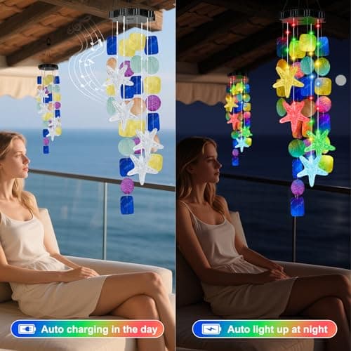 Valentines Day Gifts Solar Wind Chimes for Outside Garden, Handcrafted Capiz Shell Wind Chime Lights Outdoor Ocean/Beach Themed Gift for Mom Grandma Women Mother’s Day - Thumbnail 2
