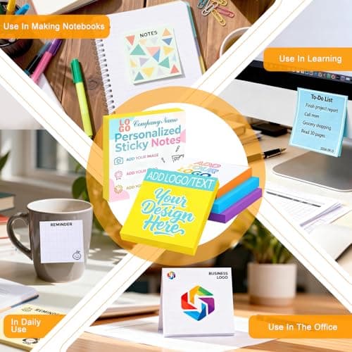 Custom Sticky Notes Bulk 3-1000 Pack – 3"x3" Personalized notepads Customized Logo or Text 50 Sheets/Pad for Office, School, Party Supplies, Business Marketing - Thumbnail 6