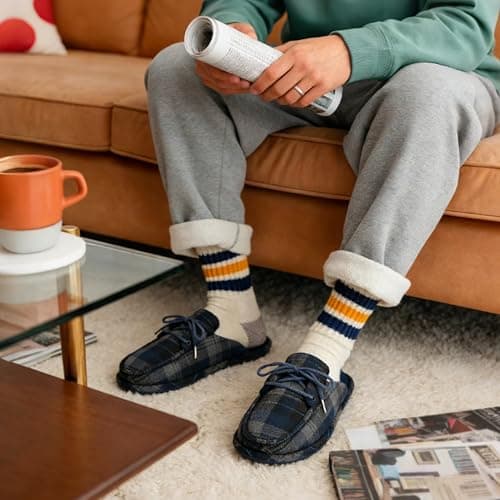 GOEWY Men's Loafers Slippers Memory Foam Warm Slip On Non-Slip Indoor Outdoor Fuzzy House Shoes with Tie Gifts for Men Him Dad - Thumbnail 2