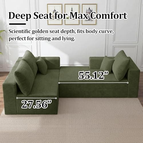 92.5" Modular Sectional Sofa, L-Shape Cloud Couch with Deep Seats & Chaise, 4-in-1 Covertible Corduroy Boneless Couches for Living Room, Bedroom, No Need Assembly - Green - Thumbnail 6