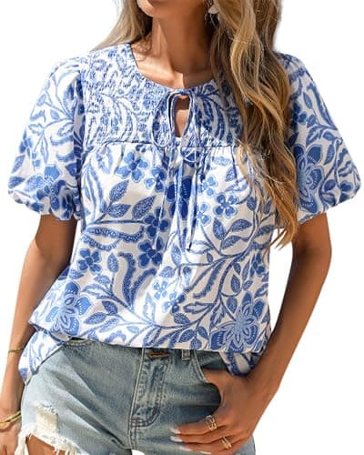 KIRUNDO Boho Tops for Women Summer 2026 Dressy Floral Blouse V Neck Drawstring Short Sleeve Shirts Beach Vacation Clothes(White Blue Flower, Large) - Image 1