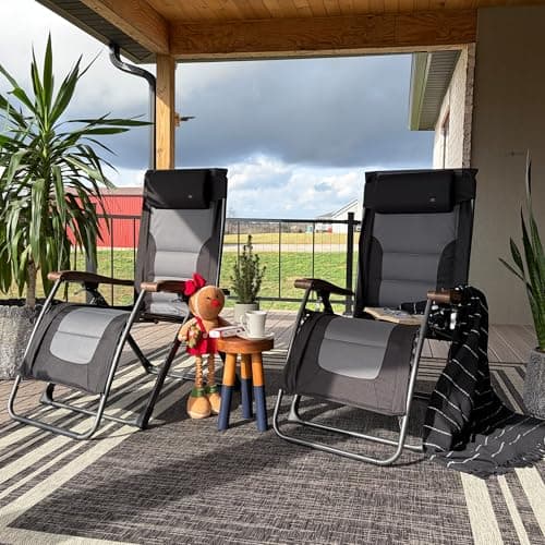 PURPLE LEAF Oversized Outdoor Reclining Chair Set of 2 Patio Zero Gravity Chaise Lounge Folding Chair with Quilted Cushion Adjustable Headrest for Lawn Camping Beach Pool Black and Grey - Image 1