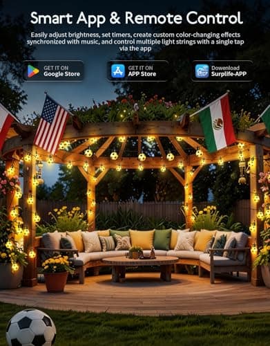 RainbowShow 2026 World Cup Smart Outdoor String Lights - 50ft 15 RGBW LED Bulbs 16 Million Colors App Control Soccer Ball Shaped Patio Lights - Thumbnail 6
