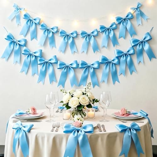 2 Strings Blue Bow Garland Banner, Pre-Strung Ribbon Bows Decorations for Birthday Party, Baby Girl Shower, Bridal Shower, Bachelorette Party, Girls Room, Wedding Decor, Christmas Tree Decorations