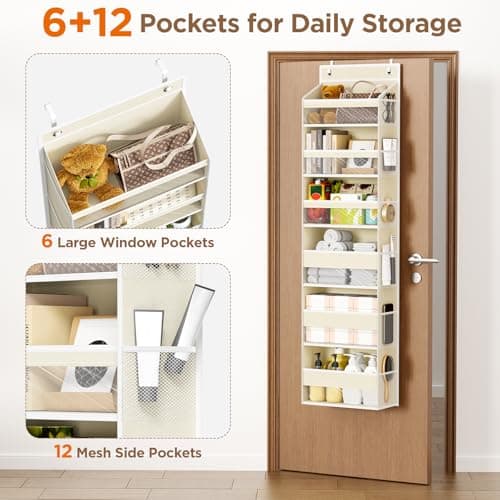 Mefirt Over The Door Organizer, 6 Shelf Door Hanging Organizers with 6 Large Capacity Pockets, Behind Door Storage Hanging Shelves for Closet Wall Bathroom Bedroom Nursery - Thumbnail 4