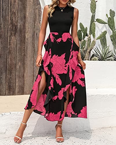 BTFBM Women Casual Sleeveless Summer Dresses 2025 Spring Crewneck Patchwork Boho Floral Ruffle Cocktail Party Midi Dress(Big Floral Rose Red, X-Large) - Thumbnail 3