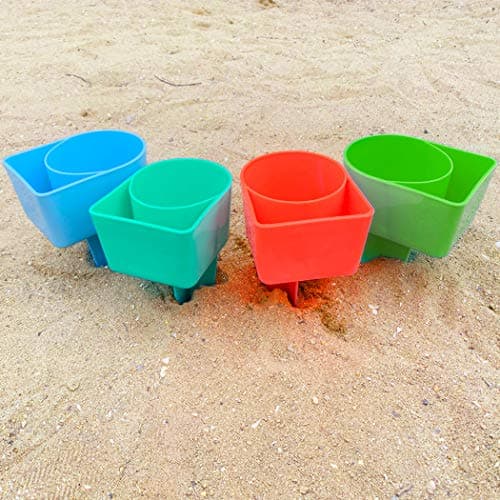 Home Queen Beach Cup Holder with Pocket, Multi-Functional Sand Cup Holder for Beverage Phone Sunglasses Key, Beach Accessory Drink Sand Coaster, Set of 4 (Blue, Teal, Orange and Green) - Thumbnail 6