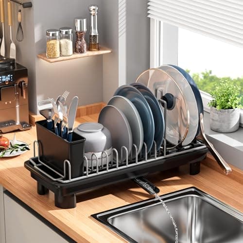 SanDream Small Dish Drying Rack with Removable Utensil Holder & Anti-Scratch Base - Stainless Steel Dish Rack, Dish Drying Rack with Drainage & Space Saving Design for Kitchen Counter, Black - Image 1