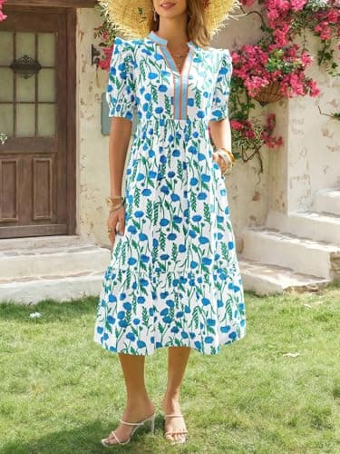 Wenrine Womens Summer Floral Midi Dress Casual Puff Short Sleeve V Neck Swing Flowy Boho Beach Dresses with Pockets Blue - Thumbnail 3