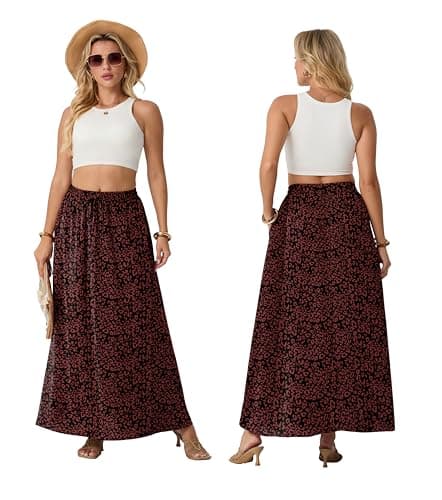 Lepunuo Floral Long Skirt Womens Casual Boho High Waisted Spring Trendy Cute Maxi Skirts with Pockets - Thumbnail 2