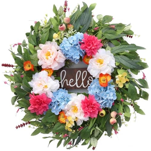 AMORISE 24" Peonies Wreaths for Front Door with Blue Hydrangea, Peonies, Dahlia, Phalaenopsis, Spring&Summer Outdoor Artificial Flowers for Wedding, Front Door Porch Yard Patio Home Decor