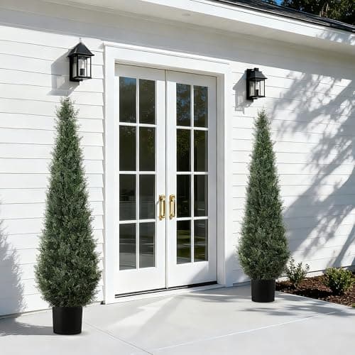 Artificial Trees for Outdoors, BUZIGUBY Artificial Cedar Topiary Trees, 5FT Topiary Trees Artificial Outdoors for Porch, Dense Arborvitae Tree for Front Door Patio Deck Balcony Yard Decor, 2 Pack - Thumbnail 5