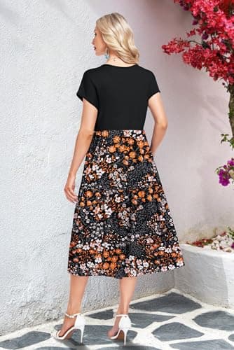 WNEEDU Casual Dresses for Women Sundress Hawaiian Womens Summer Dresses 2026 Vestidos Casuales para Mujer Boho Dress Cruise Outfits with Pocket Graduation Vacation Midi Dress,BK PK OG Floral,M - Thumbnail 4