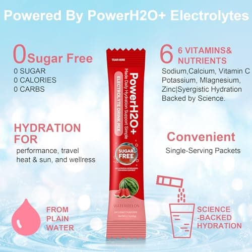 PowerH2O+ Electrolytes Powder Packets, 20 Sticks Hydration Packets Sugar Free, Electrolyte Drink Mix Travel Electrolyte Packet for Rapid Hydration (0.21 Ounce (Pack of 20), Watermelon) - Thumbnail 3